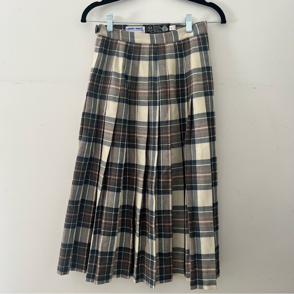 Vintage Lands' End Plaid Wool A-Line midi  Skirt with leather buckle sz10 fits 4